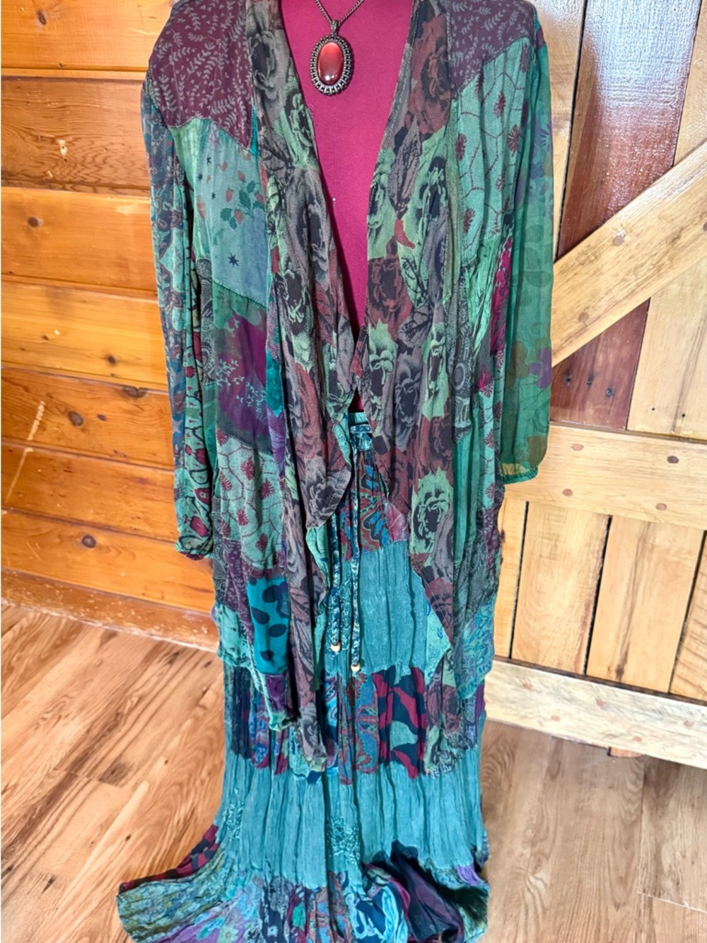 YOUNG THREADS NWOT Boho Patchwork Maxi skirt & kimono in Deep green & Burgundy
